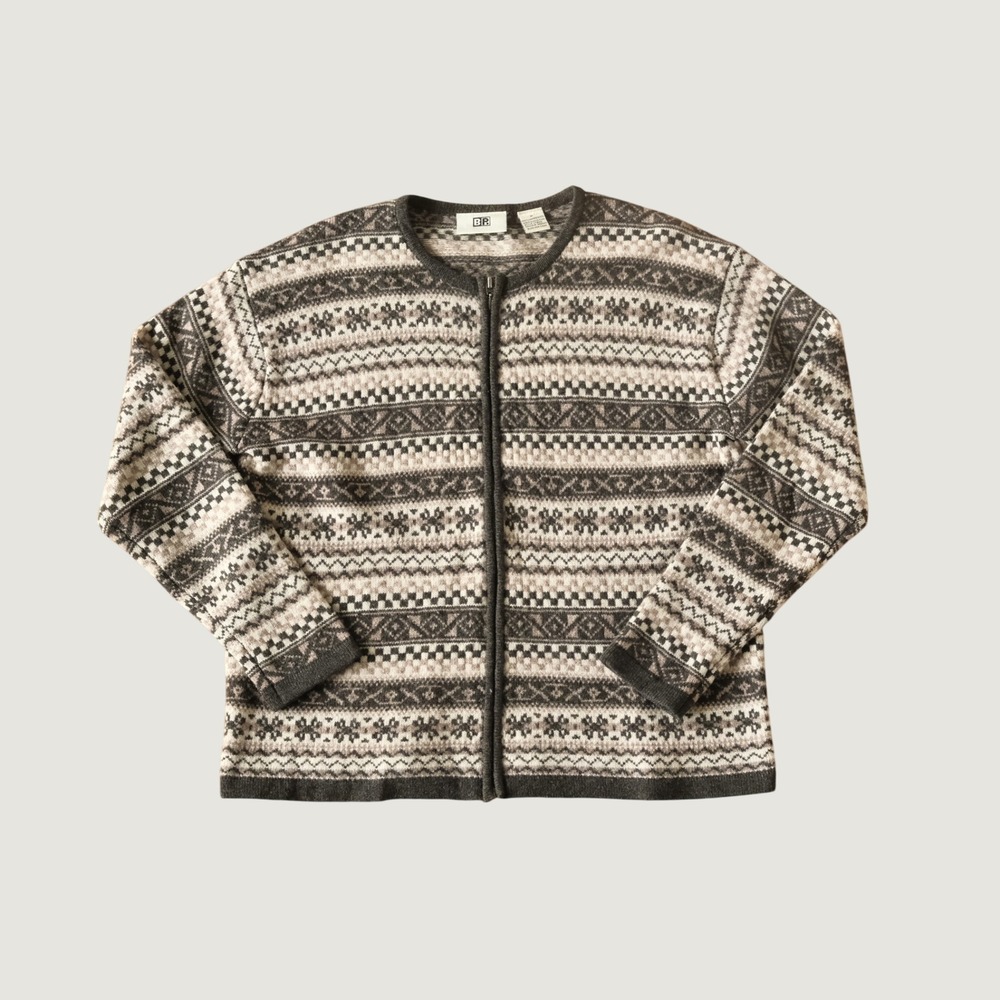 BP. Cardigan Sweater Fair Isle Zip Up Brown 100% Lambswool Size M Vintage Nordic